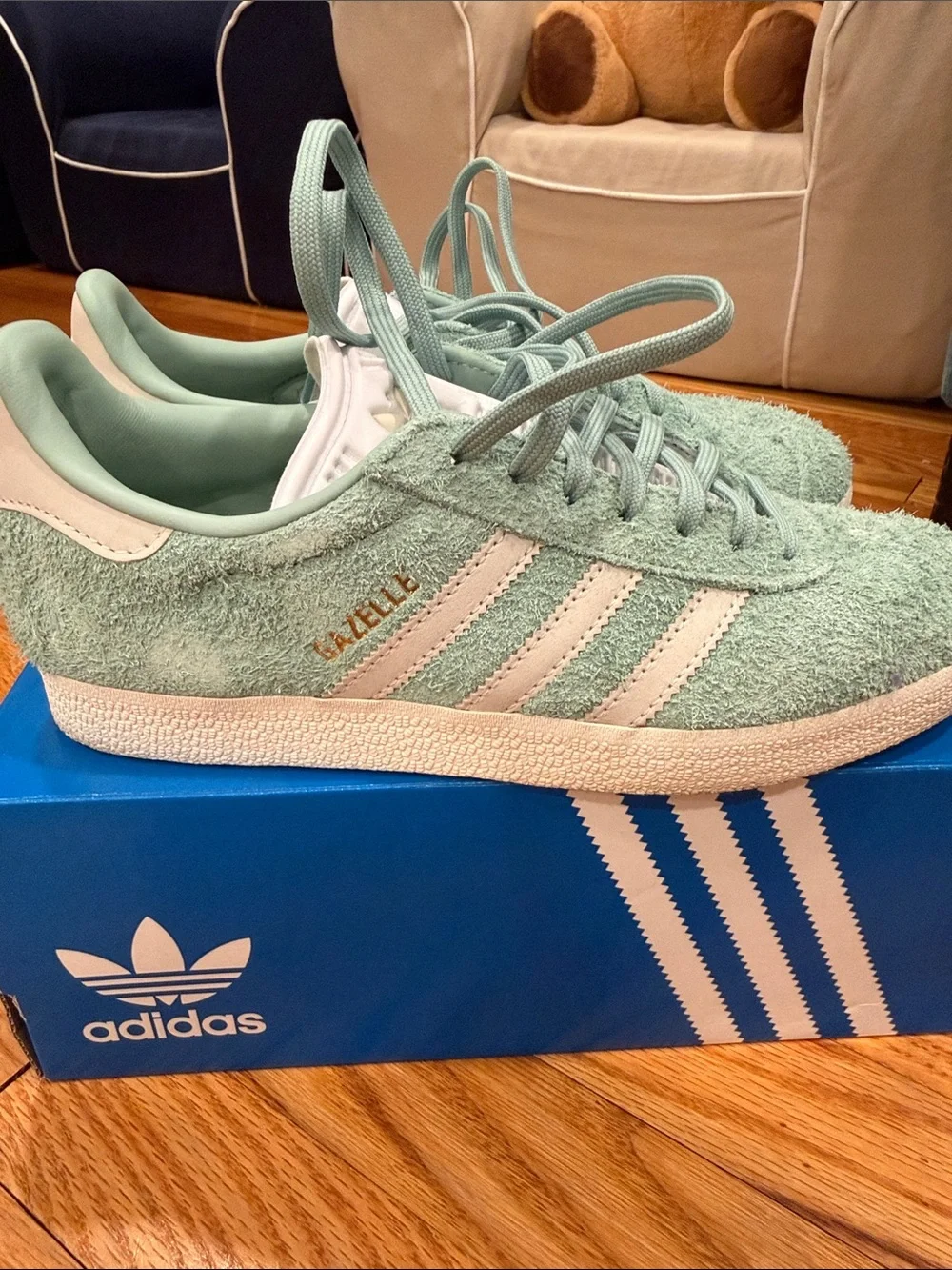 Adidas Gazelle Soft Mint Green Suede Sneakers with White Stripes. Worn once!